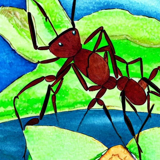 Create an image that represents the bravery and excitement of scout ants as they venture into the outside world , , Water Color