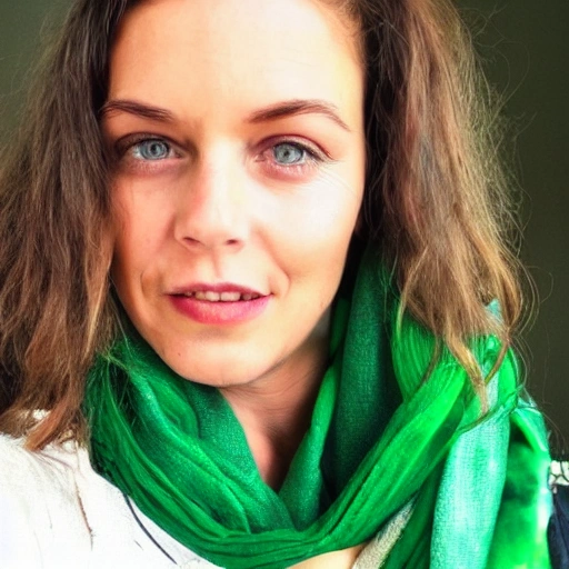 the face of  gorgeous woman with a green scarf