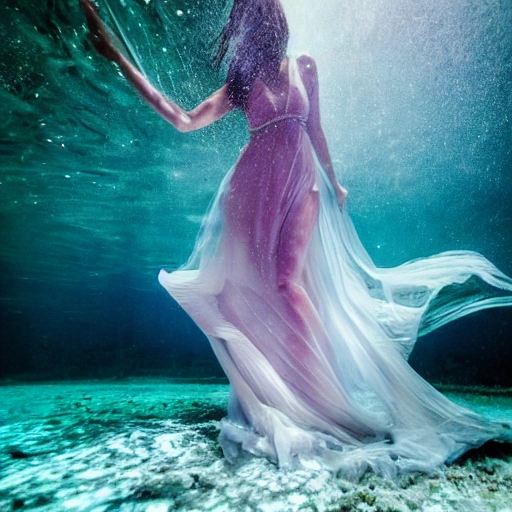 Underwater series /// High detail RAW color photo professional, highly detail face: 1.4, a detailed portrait of a woman floating underwater wearing long flowing dress, nymph style, amazing underwater, detailed skin, wet clothes, wet hair, see-through clothes, lens flare, shade, tindal effect, lens flare, backlighting, bokeh