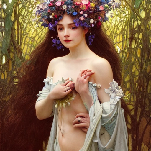 The girl with the petals in her hair, smile and piercing eyes in a flowery dress, drawn by Donato Giancola and Tom Bagshaw, Edmund Leighton, Alphonse Mucha, background by James Jean and Gustav Klimt, 4k, porcelain skin, volumetric lighting, komorebi, french nouveau, trending on artstation, octane render, hyperrealistic, intricate, elegant, highly detailed, digital painting, concept art, smooth, sharp focus, illustration, art by artgerm and Ruan Jia and greg rutkowski and alphonse mucha and Wayne Barlowe and Gustav Klimt and George Condo and Gerhartz and George C. Leyendecker and