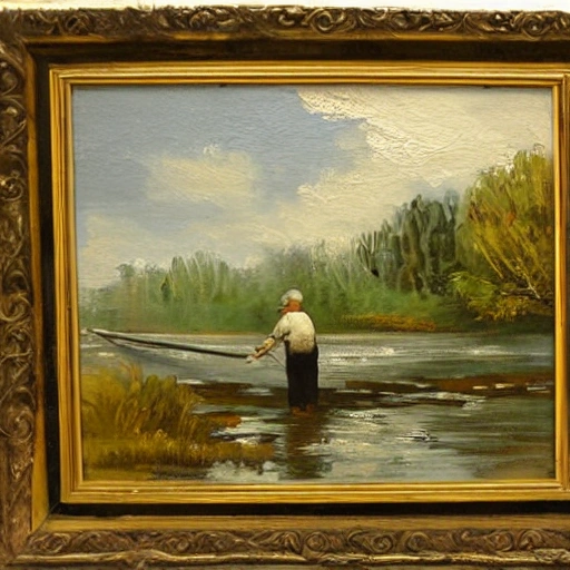  An old man is fishing by the river, Oil Painting