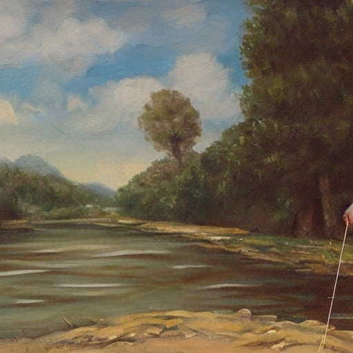  An old man is fishing by the river, Oil Painting