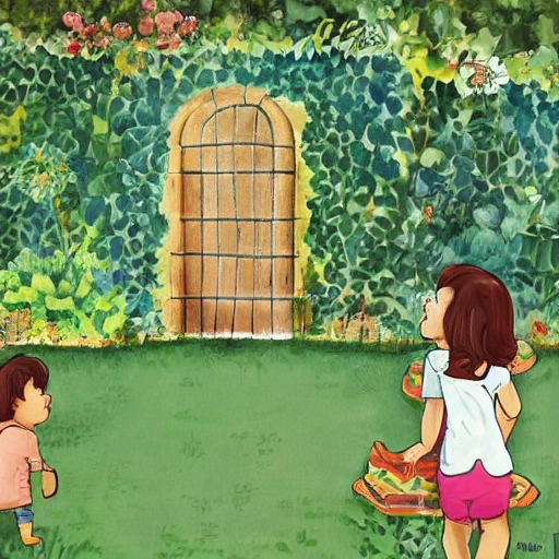 El descubrimiento del jardín secreto". Los protagonistas, dos niños curiosos llamados Tomás y Laura, descubren por casualidad un jardín escondido detrás de un muro en su ciudad., Cartoon