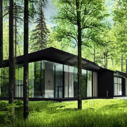 a beautiful modern and very contemporary house made of dark wood, in the middle of a swedish green forest, with a waterfall and a river close by. Photographic style. High details. very realistic. 8k, full details. --ar 16:9 --uplight --s 750 --v 5