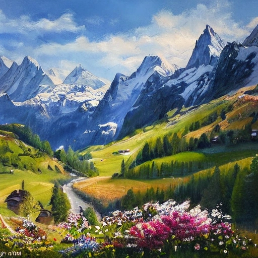 A stunning Swiss Landscape transformed into a captivating oil painting piece. the scene captures a breathtaking view of the Swiss Alps in the spring
