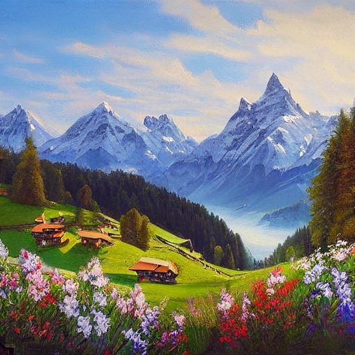 A stunning Swiss Landscape transformed into a captivating oil painting piece. the scene captures a breathtaking view of the Swiss Alps in the spring
