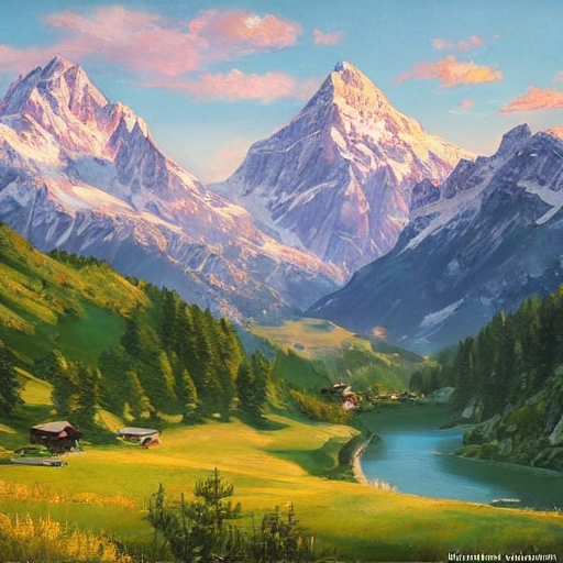 A stunning Swiss Landscape transformed into a captivating oil painting piece. the scene captures a breathtaking view of the Swiss Alps in the spring
