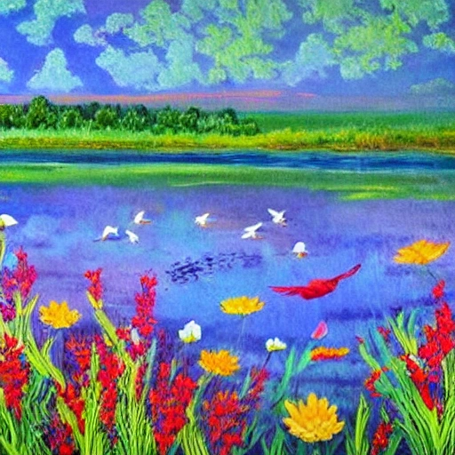 Colorful vibrant lake wild flowers water birds as a painting The painting depicts a peaceful lake surrounded by wildflowers of different shapes and colors, with water birds swimming and flying around. erene and contemplative, and the lighting creates a gentle and soothing atmosphere.