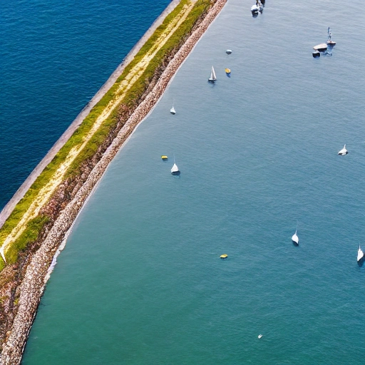 (masterpiece, best quality:1.1), bird's eye view, asymmetrical, blue ocean, low tide, sea waves, coastal road, sandy beach, piers, sailboats, yachts, ship wake, contrail, cars, tourists, lighthouse, seagulls, horizon, breeze, summer, morning, sunny, cloud, calm, fresh air, depth of field