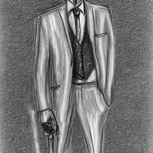 man in knee-length suit and tie smoking a cigarette with his robotic right hand, Pencil Sketch