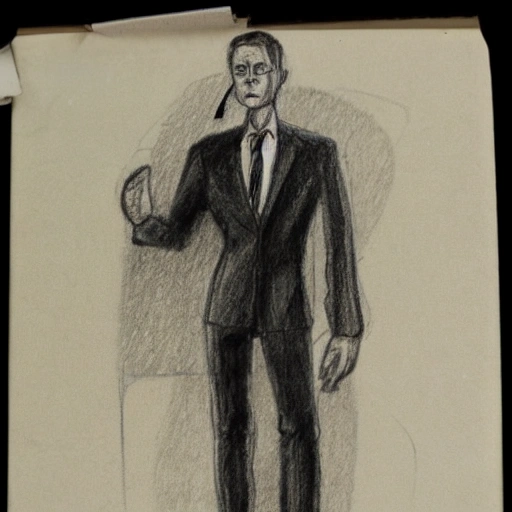 full body photo of a man with pronounced features in a knee-length suit and tie smoking a cigarette with his robotic right hand and his left hand adjusting his tie., Pencil Sketch