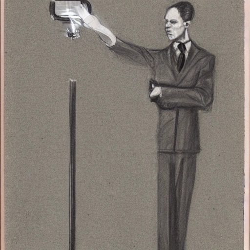 full body photo of a man with pronounced features in a knee-length suit and tie smoking a cigarette with his robotic right hand and his left hand adjusting his tie., Pencil Sketch, realistic style drawing