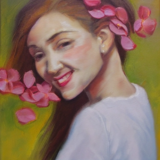 The girl with the petals in her hair, smile, Oil Painting