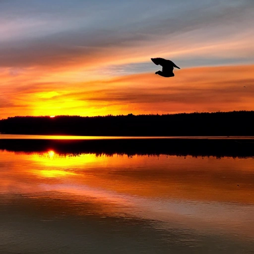 The sunset and the lone duck fly together, and the autumn water is the same color as the sky