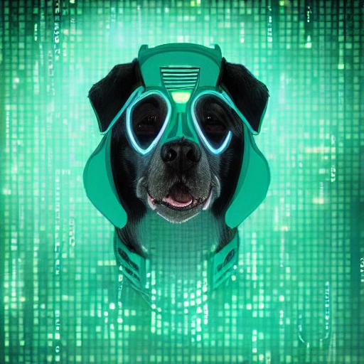 Beautiful portraits of 10 cute cyberpunk dogs, green and blue color schemes, high-profile lights, digital art, highly meticulous, fine details, complex, gorgeous, complex