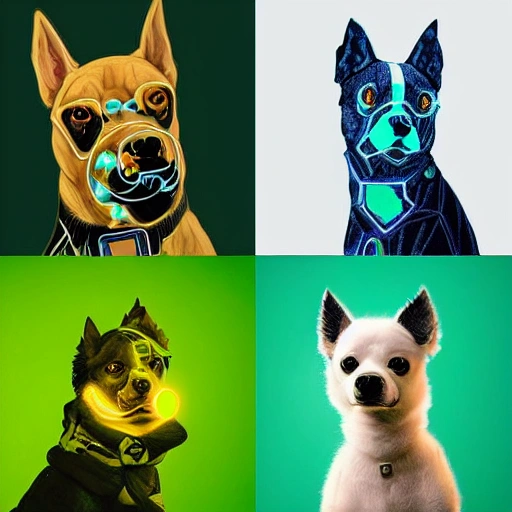 Beautiful portraits of 4 cute cyberpunk dogs, green and blue color schemes, high-profile lights, digital art, highly meticulous, fine details, complex, gorgeous, complex