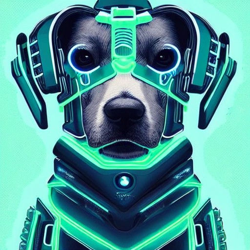 Beautiful portraits of 4 cute cyberpunk dogs, green and blue color schemes, high-profile lights, digital art, highly meticulous, fine details, complex, gorgeous, complex