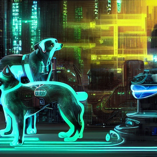 Group photo of 10 cute cyberpunk dogs, green and blue color scheme, high-profile lights, digital art, highly meticulous, fine details, complex, gorgeous, complex