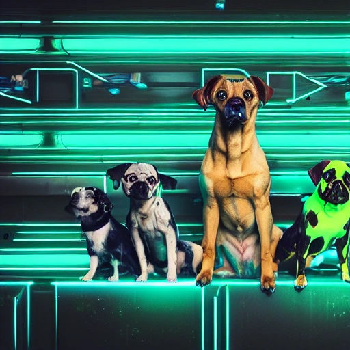 Group photo of 10 cute cyberpunk dogs, green and blue color scheme, high-profile lights, digital art, highly meticulous, fine details, complex, gorgeous, complex