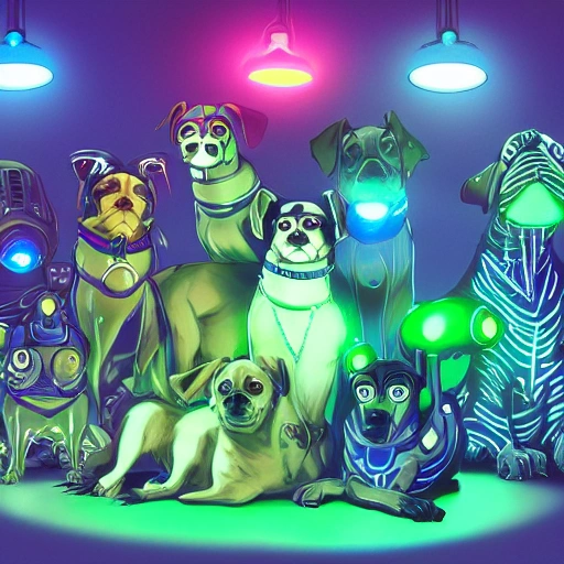 Group photo of 10 cute cyberpunk dogs, green and blue color scheme, high-profile lights, digital art, highly meticulous, fine details, complex, gorgeous, complex