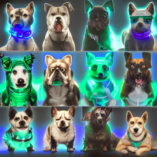 Group photo of 10 cute cyberpunk dogs, green and blue color scheme, high-profile lights, digital art, highly meticulous, fine details, complex, gorgeous, complex