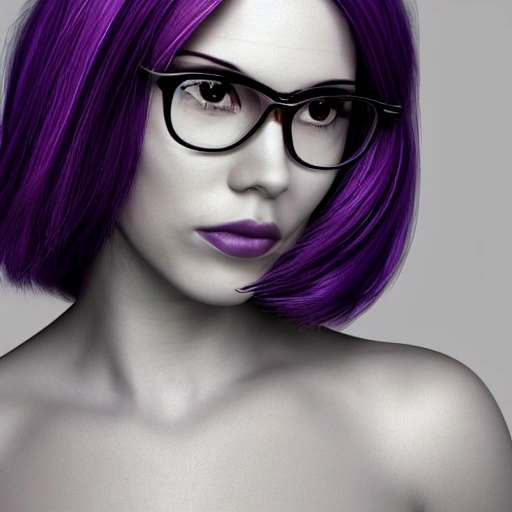 a dark girl, with purple hair, a body of a Greek goddess, sexy and with glasses, 3D