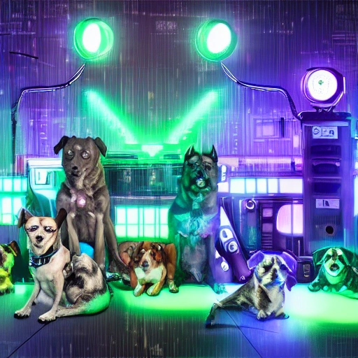 Group photo of 10 cute cyberpunk dogs, green and blue color scheme, high-profile lights, digital art, highly meticulous, fine details, complex, gorgeous, complex