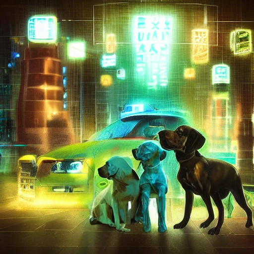 Dog Family Big Soap cyberpunk, green and blue color matching, high-profile lighting, digital art, highly meticulous, fine details, complex, gorgeous, complex
