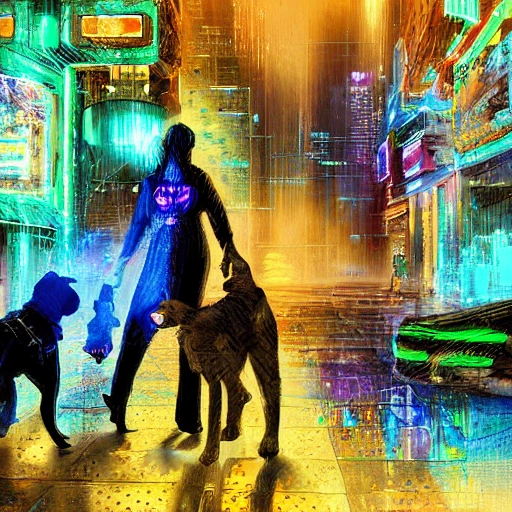 Dog Family Big Soap cyberpunk, green and blue color matching, high-profile lighting, digital art, highly meticulous, fine details, complex, gorgeous, complex
, Cartoon, 3D