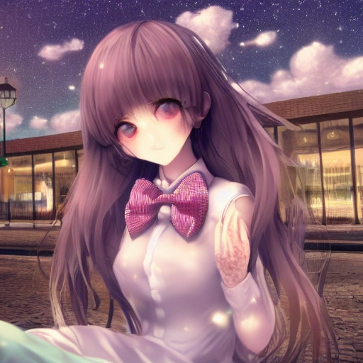 8k, best quality, ultra-detailed, real girl,cute, solo,beautiful detailed sky,detailed cafe,night,sitting,dating, medium breasts,beautiful detailed eyes, bowtie,pleated skirt,,floating hair