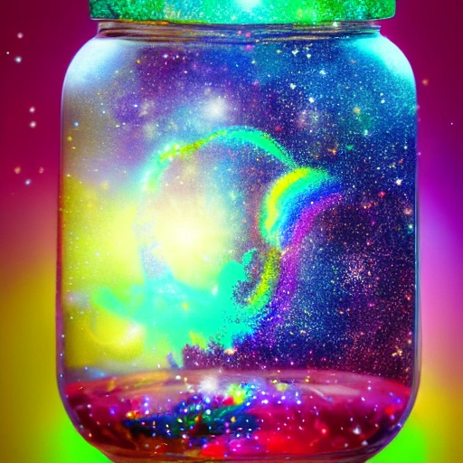 galaxy environment, Capturing A whimsical, a small kitty, winter spring wind rainbow a sprinkle of edible glitter   in an unopenable dream magical jar, trippy, 8k, vivid, ultra detalis, colorfull lighting, surreal photography, portrait, 