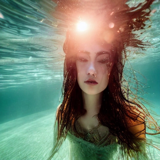 High detail RAW color photo professional, highly detail face: 1.4, a detailed portrait of a woman floating underwater wearing long flowing dress, nymph style, amazing underwater, detailed skin, wet clothes, wet hair, see-through clothes, lens flare, shade, tindal effect, lens flare, backlighting, bokeh