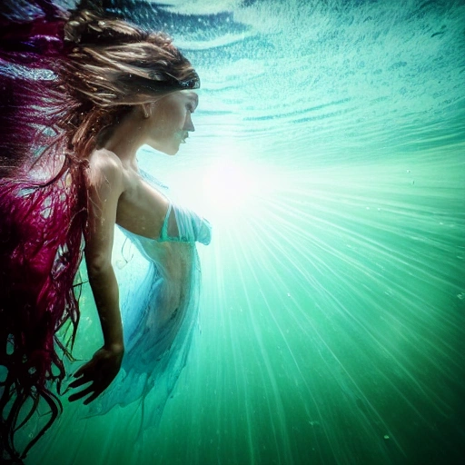 High detail RAW color photo professional, highly detail face: 1.4, a detailed portrait of a woman floating underwater wearing long flowing dress, nymph style, amazing underwater, detailed skin, wet clothes, wet hair, see-through clothes, lens flare, shade, tindal effect, lens flare, backlighting, bokeh