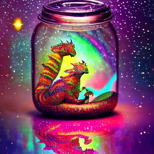 galaxy environment, Capturing A whimsical, a small dragon, winter spring wind rainbow a sprinkle of edible glitter   in an unopenable dream magical jar, trippy, 8k, vivid, ultra detalis, colorfull lighting, surreal photography, portrait, 