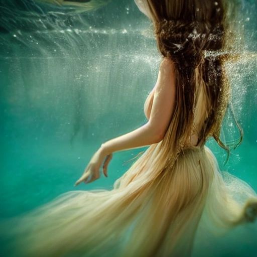 High detail RAW color photo professional, highly detail face: 1.4, a detailed portrait of a woman floating underwater wearing long flowing dress, nymph style, amazing underwater, detailed skin, wet clothes, wet hair, see-through clothes, lens flare, shade, tindal effect, lens flare, backlighting, bokeh