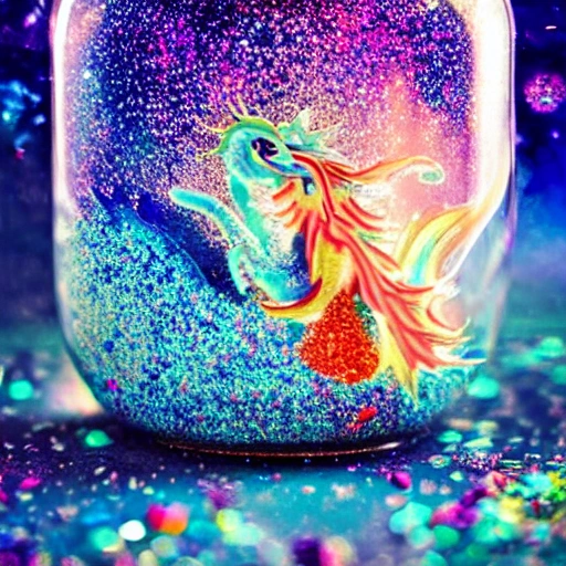 galaxy environment, Capturing A whimsical, a small blue dragon, winter spring wind rainbow a sprinkle of edible glitter   in an unopenable dream magical jar, trippy, 8k, vivid, ultra detalis, colorfull lighting, surreal photography, portrait, 