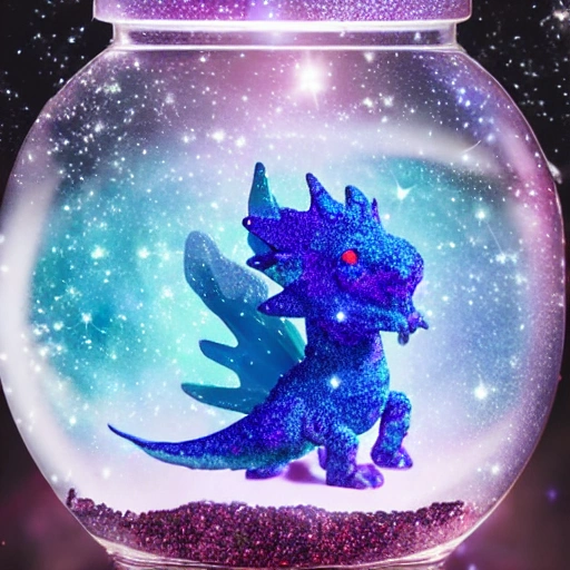 galaxy environment, Capturing A whimsical, a small blue dragon, winter spring wind rainbow a sprinkle of edible glitter   in an unopenable dream magical jar, trippy, 8k, vivid, ultra detalis, colorfull lighting, surreal photography, portrait, , 3D