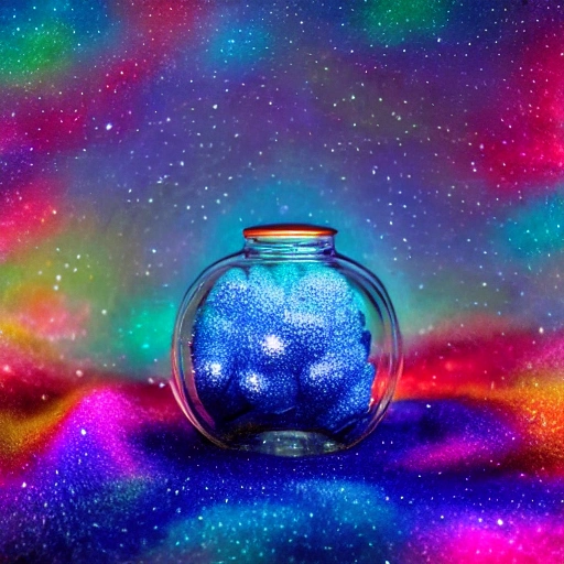 galaxy environment, Capturing A whimsical, a small blue dragon, winter spring wind rainbow a sprinkle of edible glitter   in an unopenable dream magical jar, trippy, 8k, vivid, ultra detalis, colorfull lighting, surreal photography, portrait, , 3D