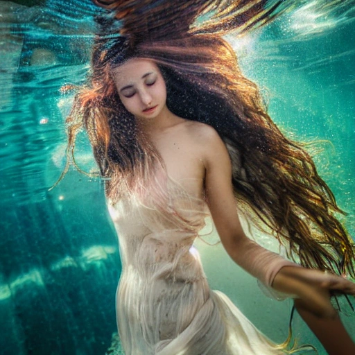 High detail RAW color photo professional, highly detail face: 1.4, a detailed portrait of a woman floating underwater wearing long flowing dress, nymph style, amazing underwater, detailed skin, wet clothes, wet hair, see-through clothes, lens flare, shade, tindal effect, lens flare, backlighting, bokeh