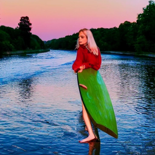 BEAUTIFUL WOMAN WITH GREEN EYES, BLOND HAIR, RED LEAPS, SLEEPING IN THE BOARD OF A RIVER IN THE NIGHT WITH A BIG MOON IN THE SKY
