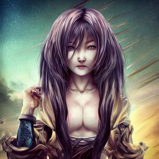 best quality, masterpiece,highly detailed,semi-realistic,1girl,upper body,raiden shogun,(ulzzang-6500-v1.1:0.5),large breasts,perfect face,glowing eyes,long hair,purple hair,hair ornament,lightning in sky,night sky,ancient building in background,depth of field,looking at viewer,