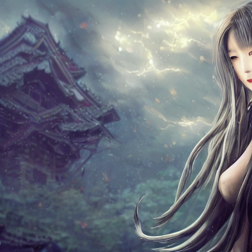 best quality, masterpiece,highly detailed,semi-realistic,1girl,upper body,raiden shogun,(ulzzang-6500-v1.1:0.5),large breasts,perfect face,glowing eyes,long hair,purple hair,hair ornament,lightning in sky,night sky,ancient building in background,depth of field,looking at viewer,