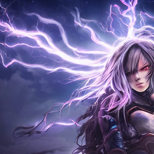 best quality, masterpiece,highly detailed,semi-realistic,1girl,upper body,raiden shogun,(ulzzang-6500-v1.1:0.5),large breasts,perfect face,glowing eyes,long hair,purple hair,hair ornament,lightning in sky,night sky,ancient building in background,depth of field,looking at viewer,