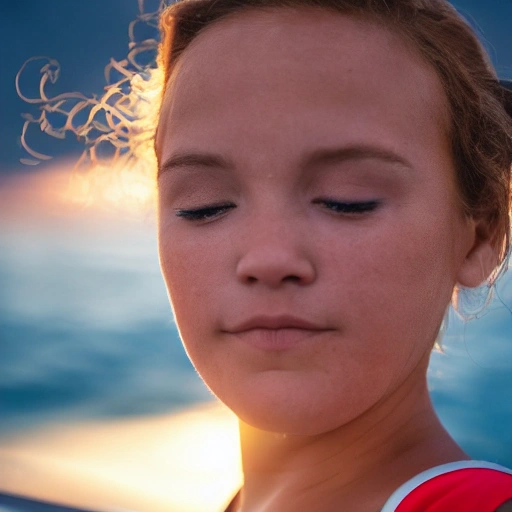 “take a portrait of an young lady in a blue swimming suit standing on the deck of a yacht during sunset. Employing a Canon EOS R5 camera with 100mm lesns at F 1.2 aperture setting to blur the background and make the subject stand out more clearly. The sunset should be seen in the background, with sunny, golden light shining on his face