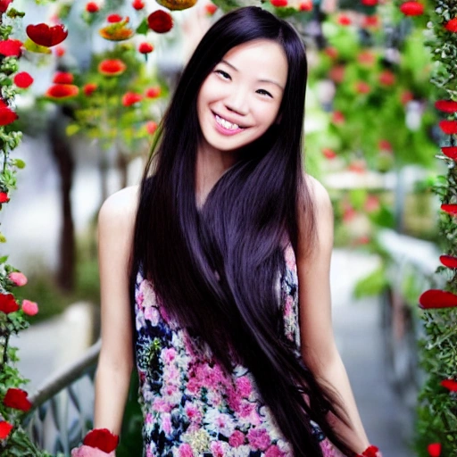 The Chinese nice girl with the petals in her hair, smile