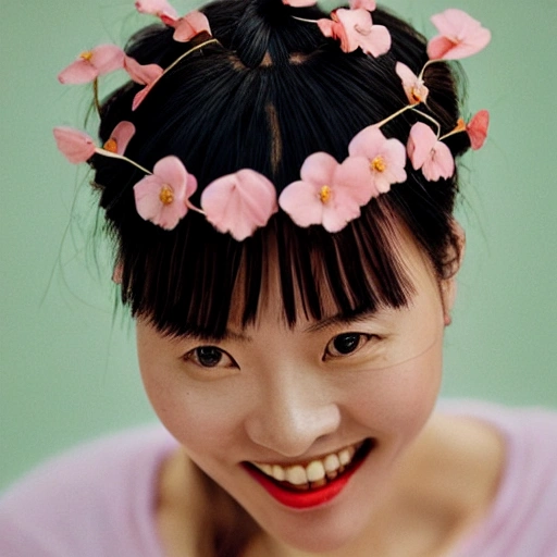 The Chinese nice girl with the petals in her hair, smile