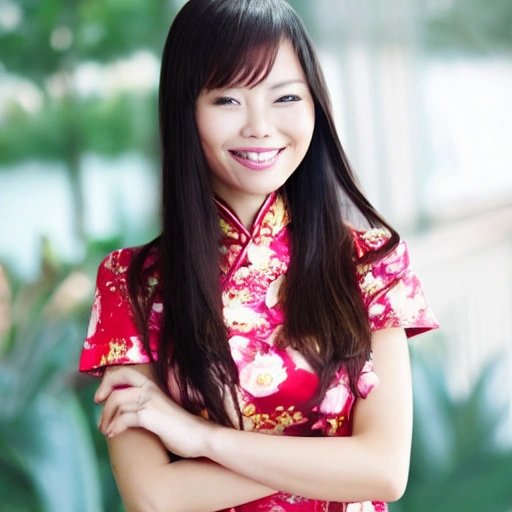 The Chinese nice girl with the petals in her hair, smile