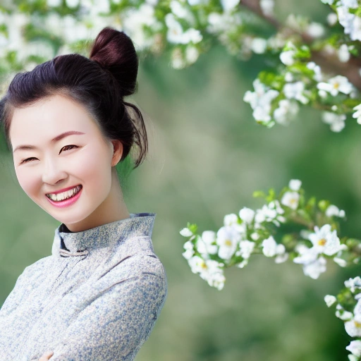 The Chinese nice girl with the petals in her hair, smile