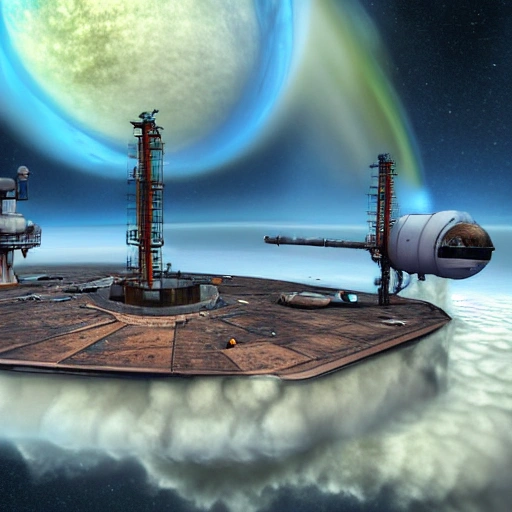 The Refueling Station: Generate an image of an abandoned refueling station, hovering above the turbulent, colorful clouds of a gas giant planet. The station is designed to refuel spacecraft and has large fuel storage tanks connected to a network of pipelines and hoses. The abandoned base is surrounded by a dense, thick mist, and the image should convey a sense of isolation and desolation. The station should feature intricate details such as rusted metal grates, leaking pipes, and discarded equipment. (((Remove Artifacts))), (((Ultra Detailed))), ((8K)), (((Enhanced)))