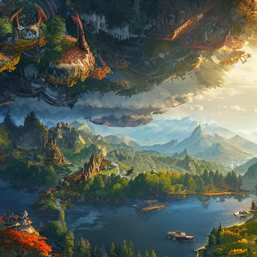 a birds eye view overlooking an ancient fantasy city surrounded by mountains and trees of greens and browns, rivers and lakes by Jordan Grimmer, Asher Brown Durand and Ryan Dening, 8k, artstation, beautiful color pallette